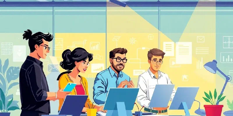 Diverse tech professionals collaborating in a modern workspace.
