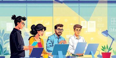 Diverse tech professionals collaborating in a modern workspace.