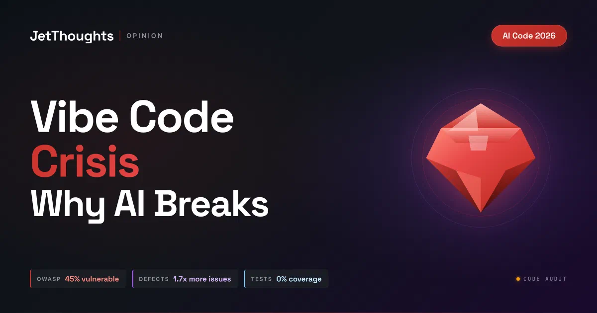 JetThoughts blog cover for Vibe Coding Crisis with AI code quality stats