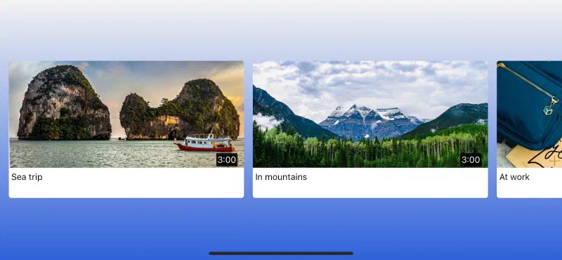 Phone app list of video thumbnails titled Sea trip, In mountains and At work