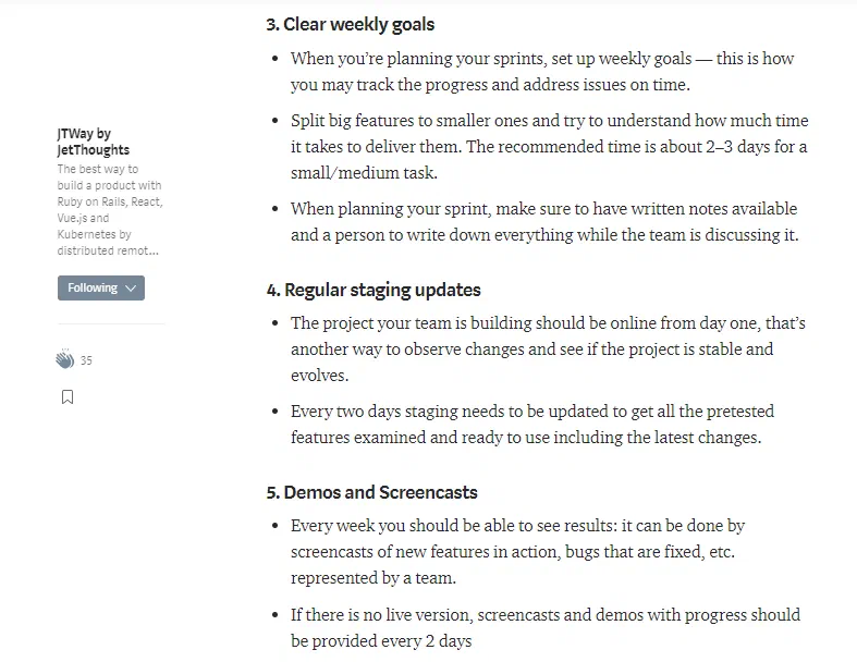 Article excerpt on clear weekly goals, regular staging updates, and demos and screencasts