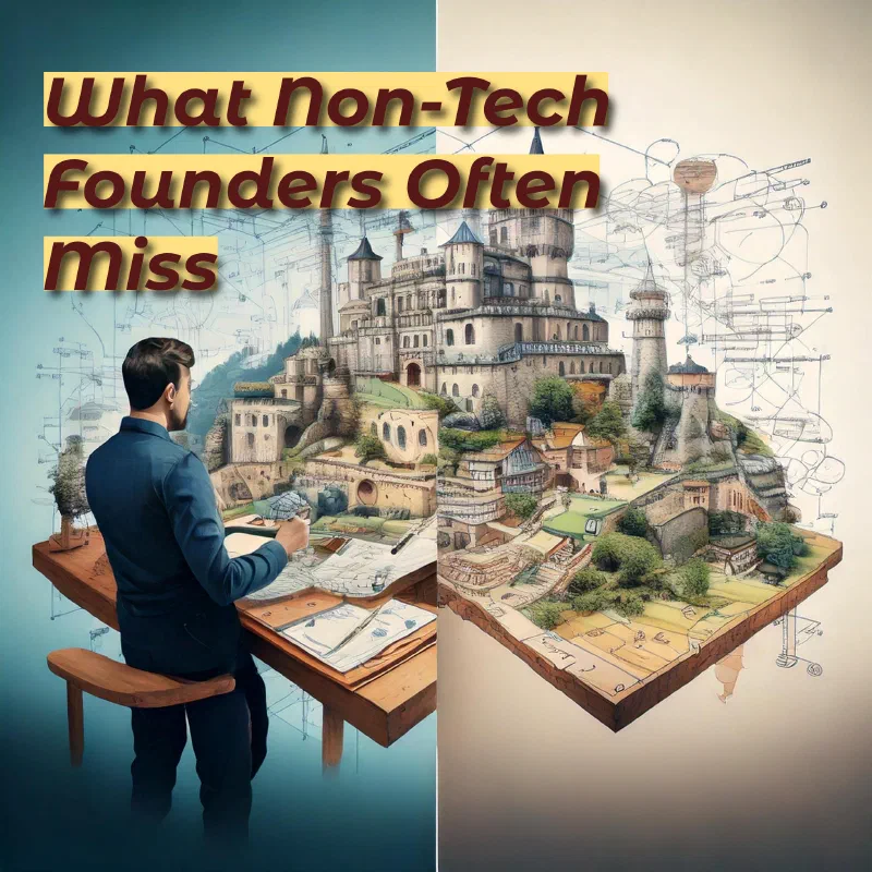 A clean, minimalist illustration showing a split-screen composition. On the left side, there’s a founder sketching a grand castle in the air with broad, confident strokes. On the right side, there’s a more detailed technical blueprint with specific measurements, notes, and architectural elements. Between them, there’s a bridge being built from both sides, symbolizing the need to connect vision with practical implementation.