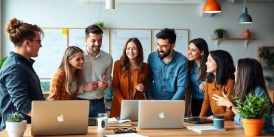 Diverse startup team collaborating in a modern workspace.