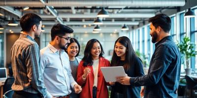 Diverse team collaborating in a modern office setting.