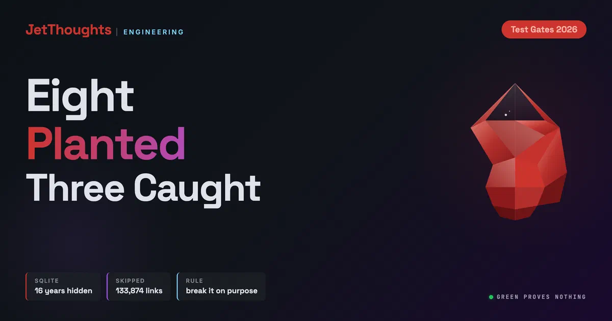 Obsidian-dark cover reading Eight Planted, Three Caught, with a faceted ruby gem and three chips: SQLite 16 years hidden, 133,874 links skipped, and the rule break it on purpose