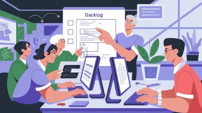 Developers are shown collaborating and pulling tasks from a shared backlog. Arrows indicate communication and teamwork.