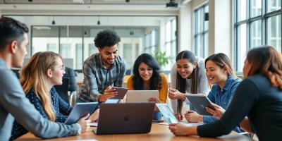 Professionals collaborating in a modern office setting.