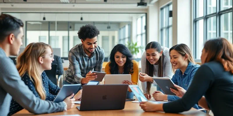 Professionals collaborating in a modern office setting.