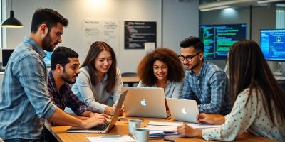 Diverse team collaborating in a modern software development setting.