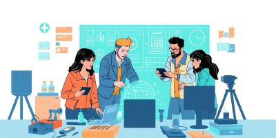 Diverse engineers collaborating in a tech workspace.