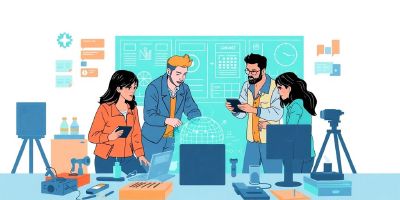 Diverse engineers collaborating in a tech workspace.
