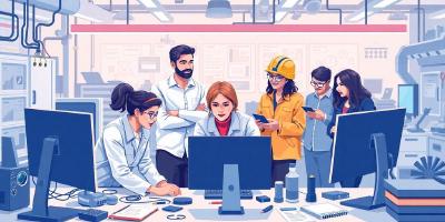 Diverse engineers collaborating in a high-tech workspace.