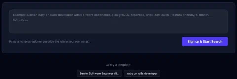 elital search form: a box for the job description, a Sign up & Start Search button, and two template searches below it