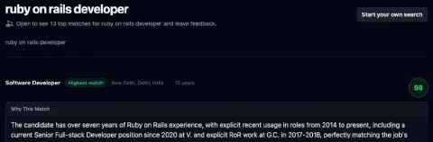 A shared elital shortlist for ruby on rails developer: an anonymised Software Developer in New Delhi with 12 years, a match score of 98, and the start of a Why This Match paragraph