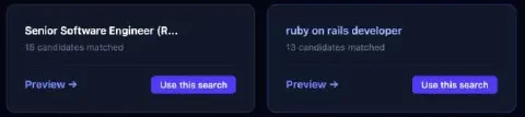 Two shared elital searches, one with 15 candidates matched and one with 13, each with Preview and Use this search links