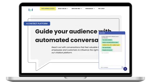 The Mobile Coach chatbot platform site on a laptop, with a chat window open