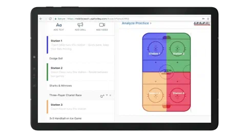 A Mobile Coach practice plan on a tablet, with stations drawn on an ice rink