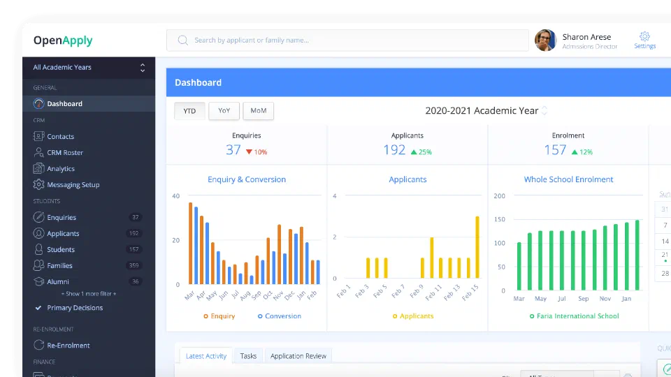The Open Apply dashboard: enquiries, applicants and enrolment charts for an academic year