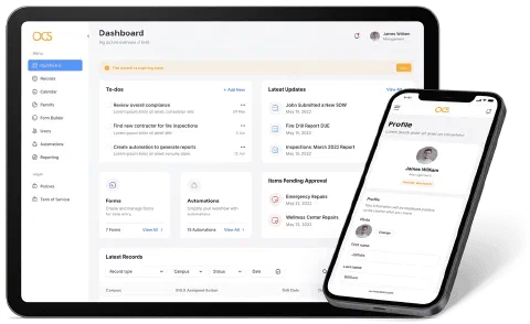 The OrchestrateCS dashboard on a laptop with to-dos and latest updates, and a profile on a phone