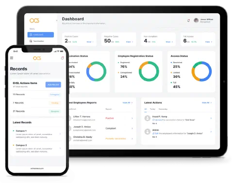 The OrchestrateCS dashboard on a laptop and a phone: vaccination and employee registration status