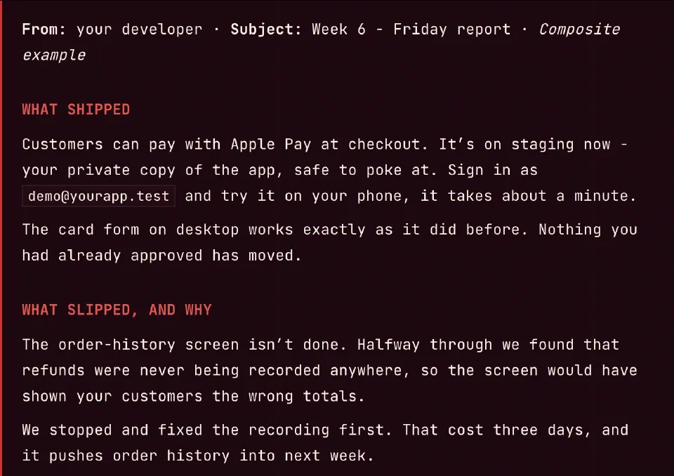 Excerpt of the sample Friday report: what shipped, and what slipped and why