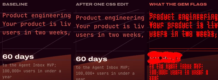Three crops of our Home page screenshot: the baseline, the same view after one CSS edit moved the headline and stats 8px down, and the gem's diff marking every shifted line in red.