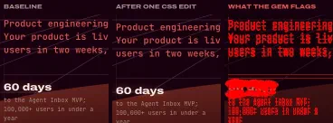 Three crops of our Home page screenshot: the baseline, the same view after one CSS edit moved the headline and stats 8px down, and the gem's diff marking every shifted line in red.